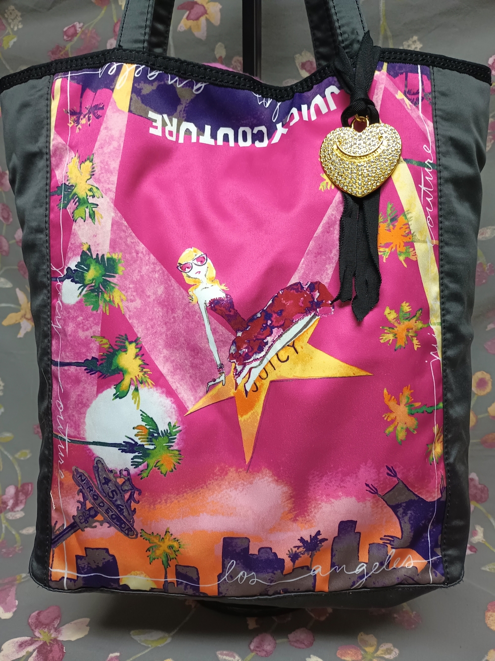 Juicy Couture Pink, Purple & Orange Graphic Kids Tote with Gold Heart Charm